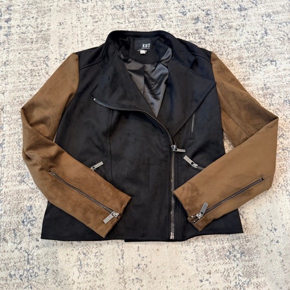 Kut from the Kloth Jackets & Blazers - KUT FROM THE KLOTH Black Brown Faux Suede Moto Jacket Asymmetrical Zip Size XS